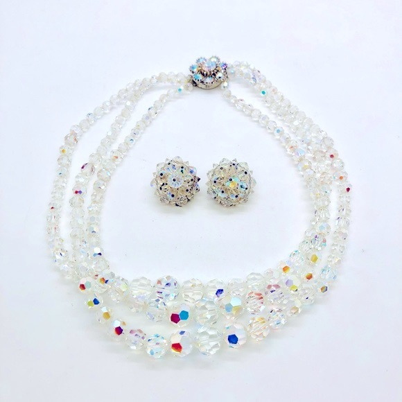 Vintage Deco GORGEOUS Aurora Borealis Rhinestone Necklace Earrings - Picture 9 of 15